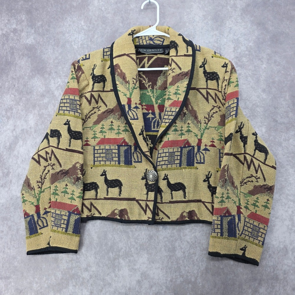 Vintage New Identity Tapestry Jacket L Southwestern Cabin Deer Woven Cotton